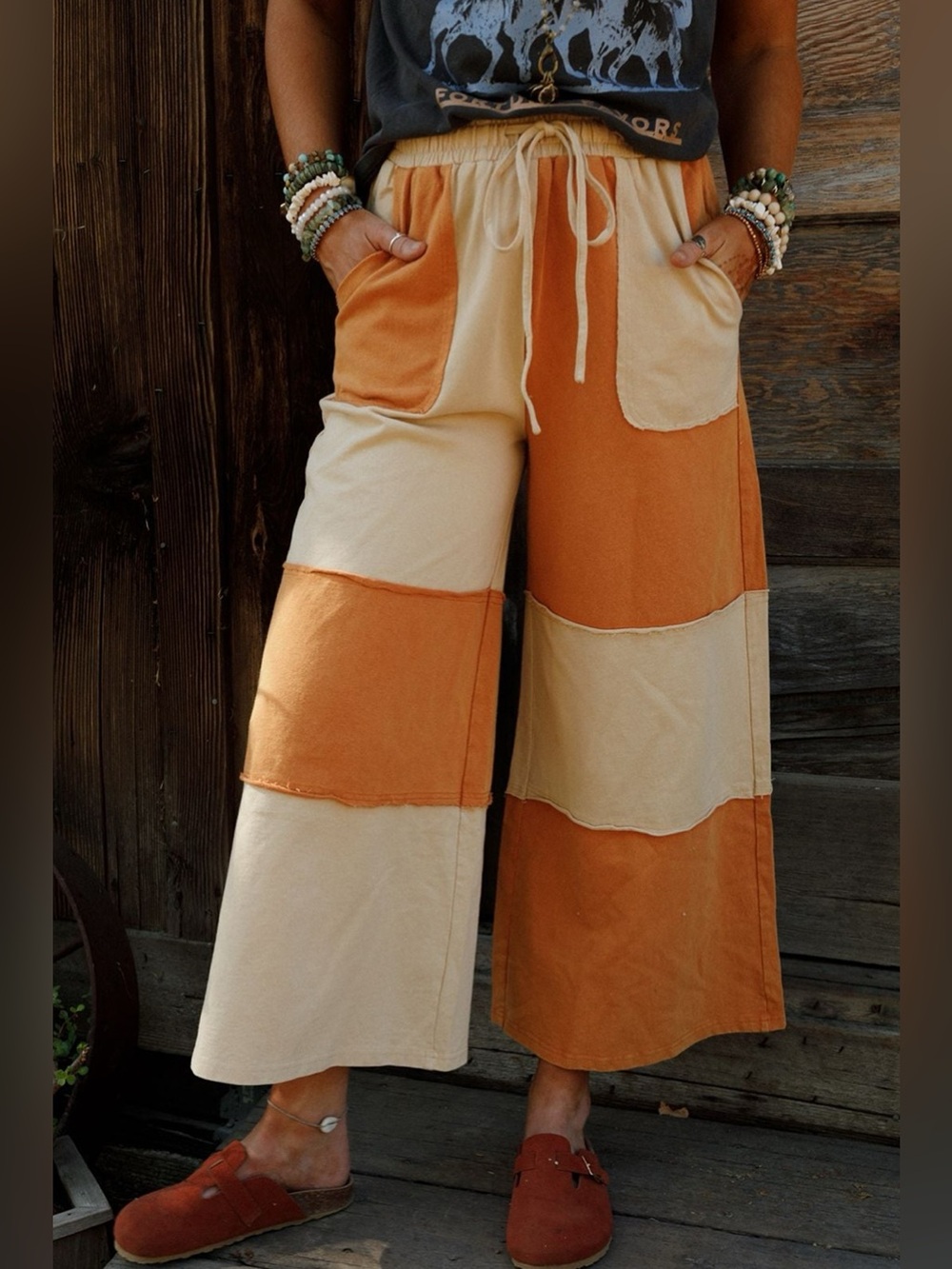 Raw Seam Colorblock Wide Leg Ankle Length Casual Pants